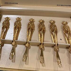 Vintage Janis Collection Pineapple 24K Gold Plated Cocktail Forks Cocktail Pics